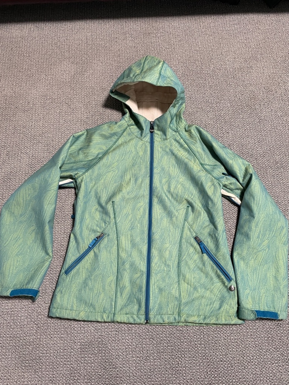 Vintage Burton Light Green Patterned Ski Hooded Jacket with Blue Zips